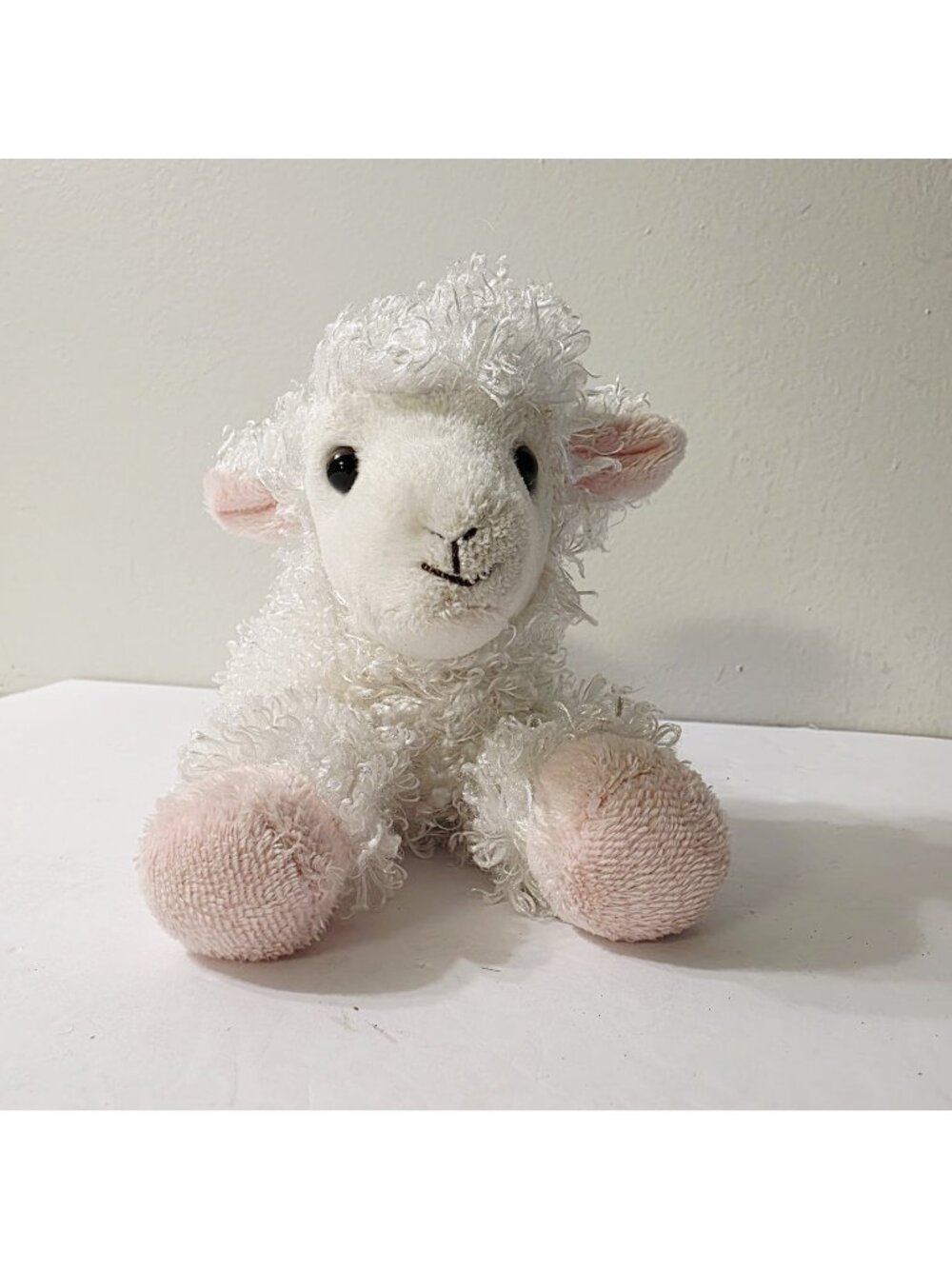 Aurora White Shaggy Baby Lamb Pink Feet Hooves Plush 7" Stuffed Animal Toy